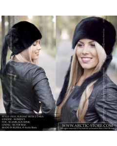 Fur hat with tails, black mink