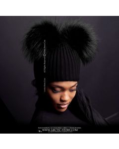 Beanie - 2 Black raccoon poms