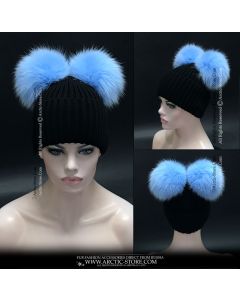 Beanie Brim - 2 Sky blue fox poms