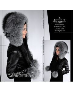 Eskimoska Hood/Hat w/ poms, Silver Grey Fox