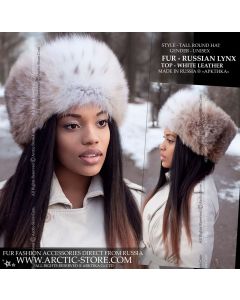 Round hat w/ flat leather top - Russian Lynx