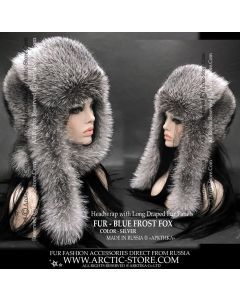 Blue Frost Fox Fur Headwrap with Long Draped Fur Panels