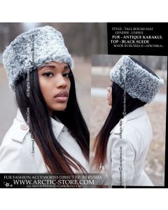 Elegant women's Zhivago-style roller hat crafted from genuine silver Karakul with a structured suede leather top. A refined winter accessory blending Russian tradition and modern fashion.