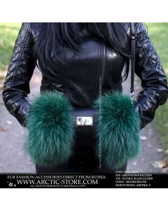 Hand muff Emerald green raccoon - Black Leather