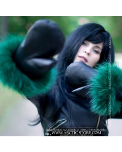 Mittens trimmed with Emerald green raccoon