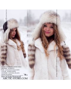Zimushka fur hat with tails, white canadian raccoon
