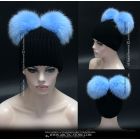 Beanie Brim - 2 Sky blue fox poms
