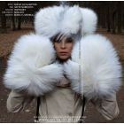 Woman wearing Arctic Marble Fox teddy-style fur hat and full mittens, showcasing white and silver natural fur texture