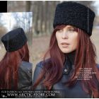 Round hat w/ flat leather top - Black karakul