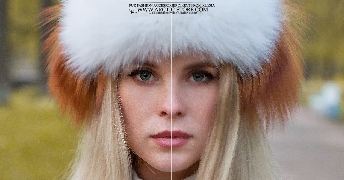 Side-by-side comparison of real and synthetic fur hats, highlighting clarity, texture, and natural colors of real fur versus blurred synthetic imitation.