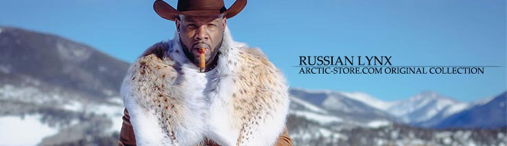 Swango Kango wearing Romanov Russian Lynx pelerine from the TWINFUR™ Series in the snowy Oregon mountains.